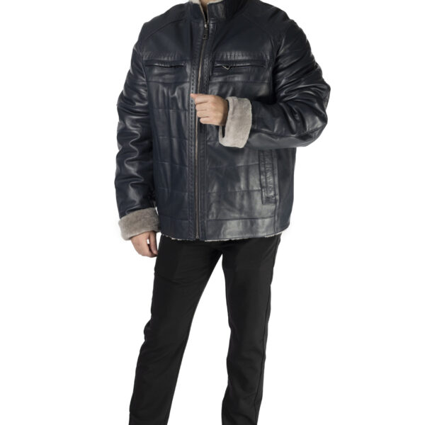 Men's Navy Leather Jacket with Shearling Lining