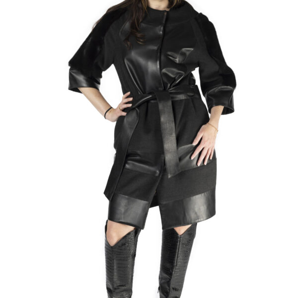 Black Wool and Leather 3/4 Coat