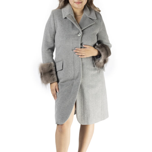 Grey Wool Coat with Mink Cuffs