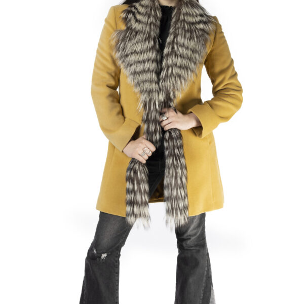 Yellow Wool Coat with Feathered Silver Fox