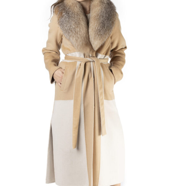 Tan and Off-White Cashmere Coat with Crystal Fox