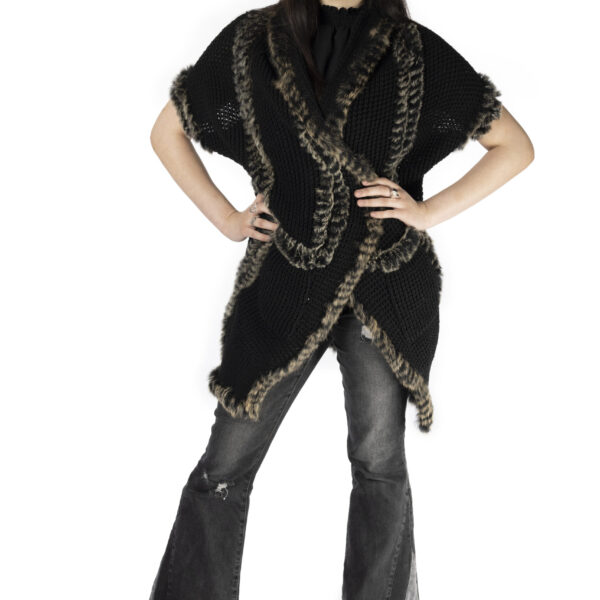 Black Wool Vest with Rex Rabbit Trim