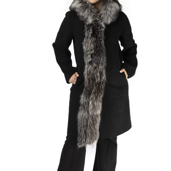 Black Wool 3/4 Coat with Silver Fox Collar