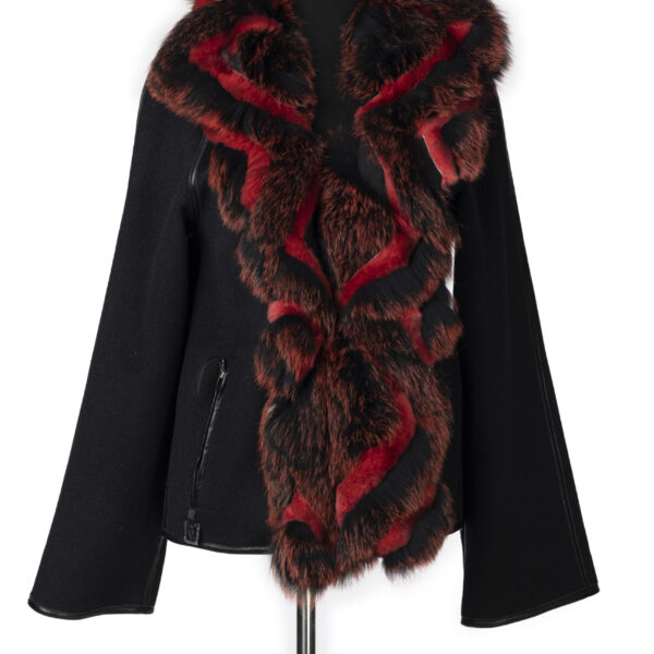 Red Wool Jacket with Red Rex Rabbit Collar and Tuxedo Front