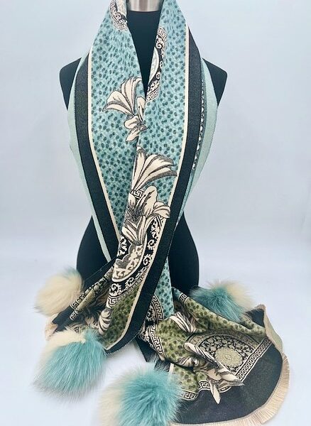 Viscose Wrap With Fox Fur Pom Poms